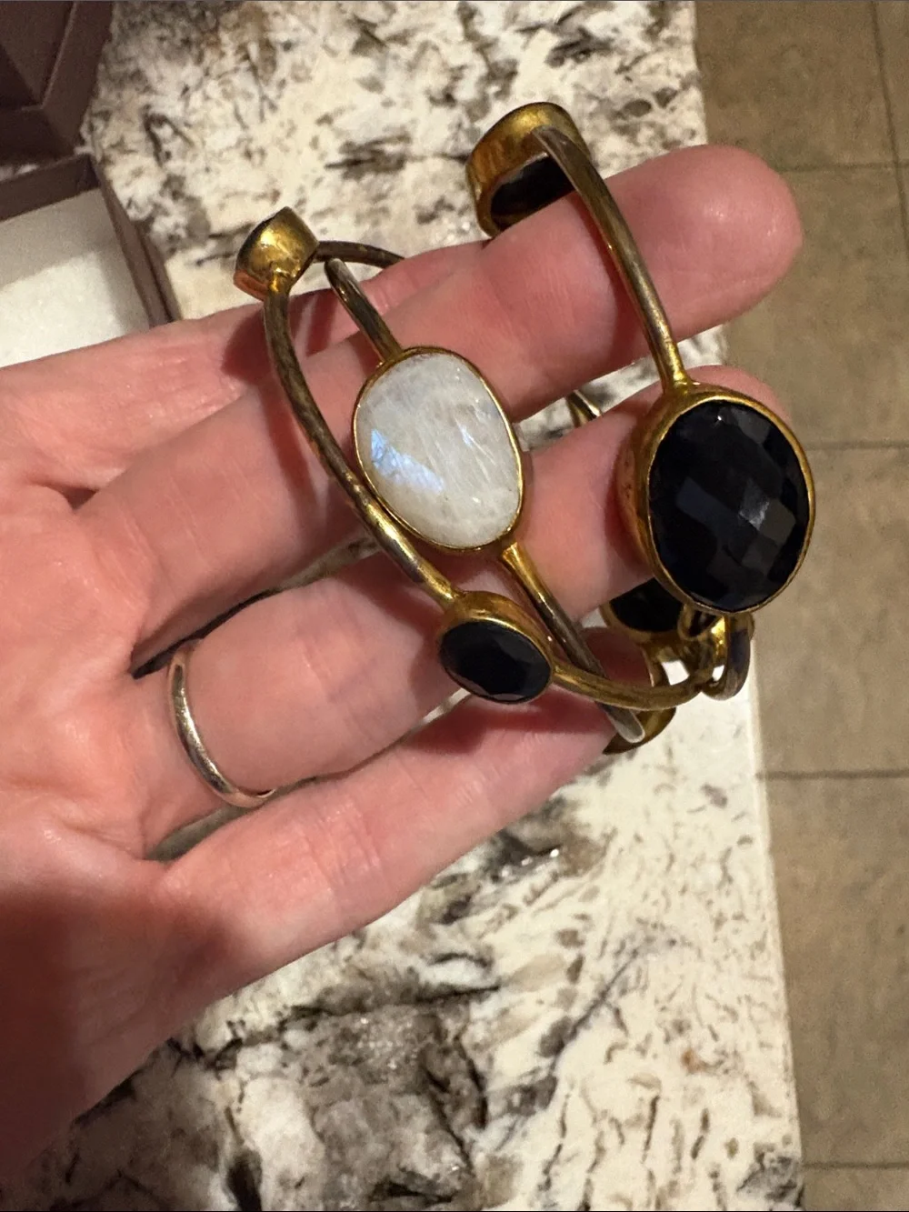 Gold Tone Black Stone Cuff Bracelet Stack